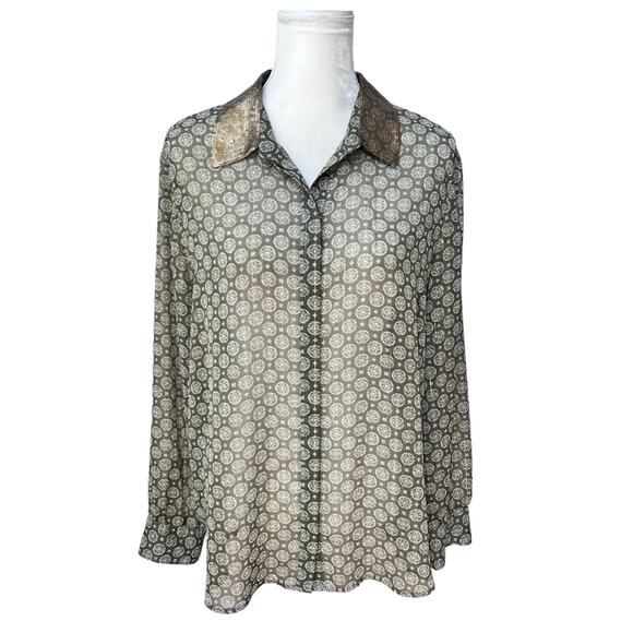 Chico’s Blouse Women M Olive Green Sequin Collar Metallic Sheer Button Front - Picture 1 of 10